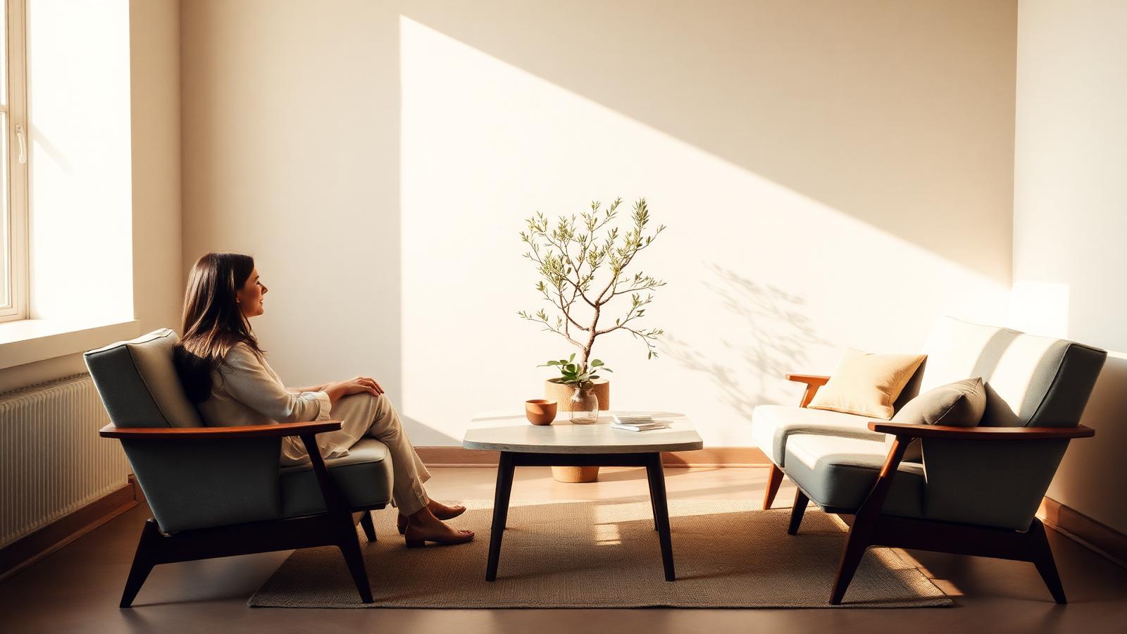 Two people in a serene minimalist coaching session